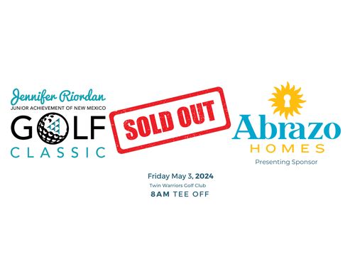 Header with the JA of NM Golf Logo and Presenting Sponsor , Abrazo Homes, logo with a sold out message