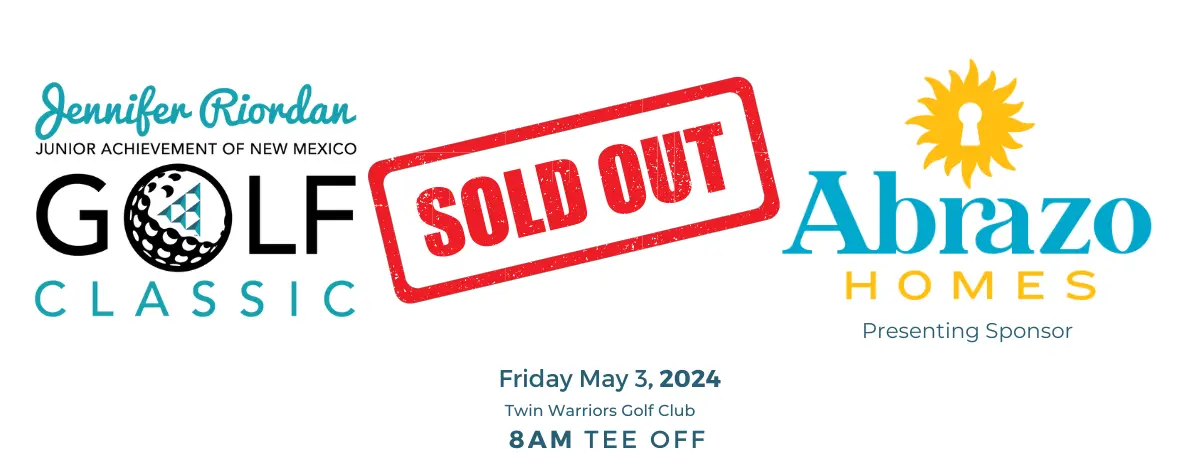 Header with the JA of NM Golf Logo and Presenting Sponsor , Abrazo Homes, logo with a sold out message